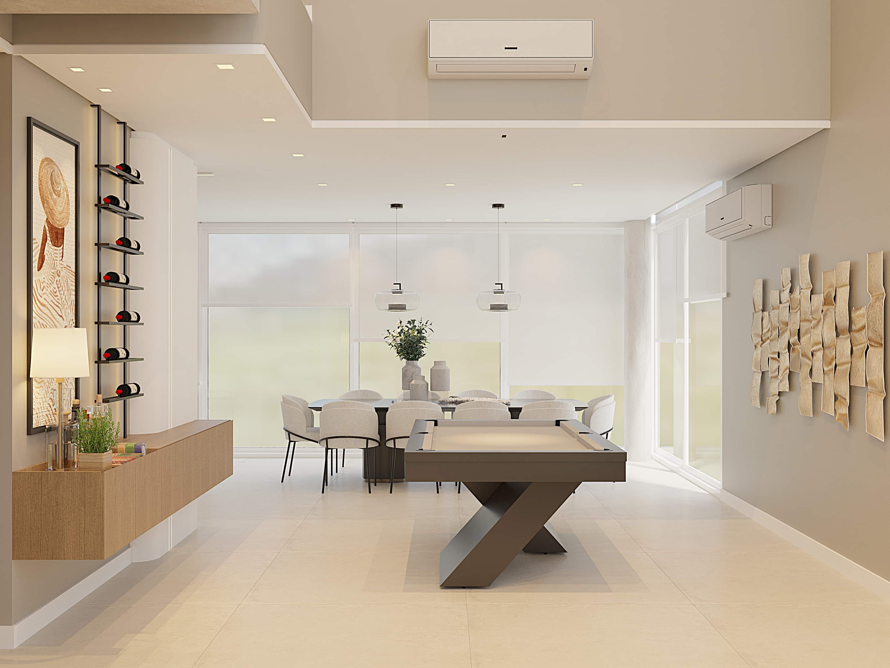 Sala de jantar com vista para área de jogos