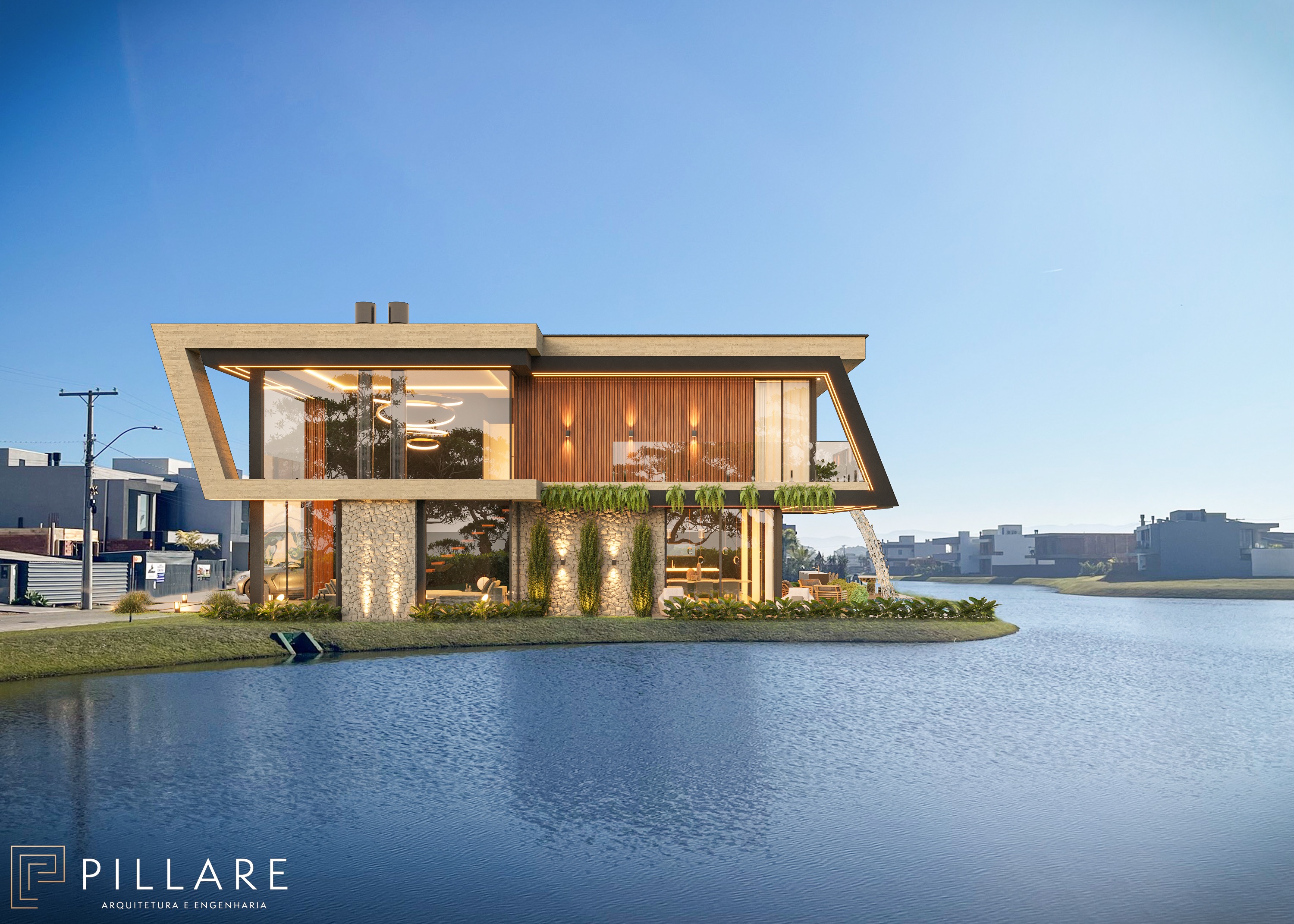 Vista frontal da casa com o lago